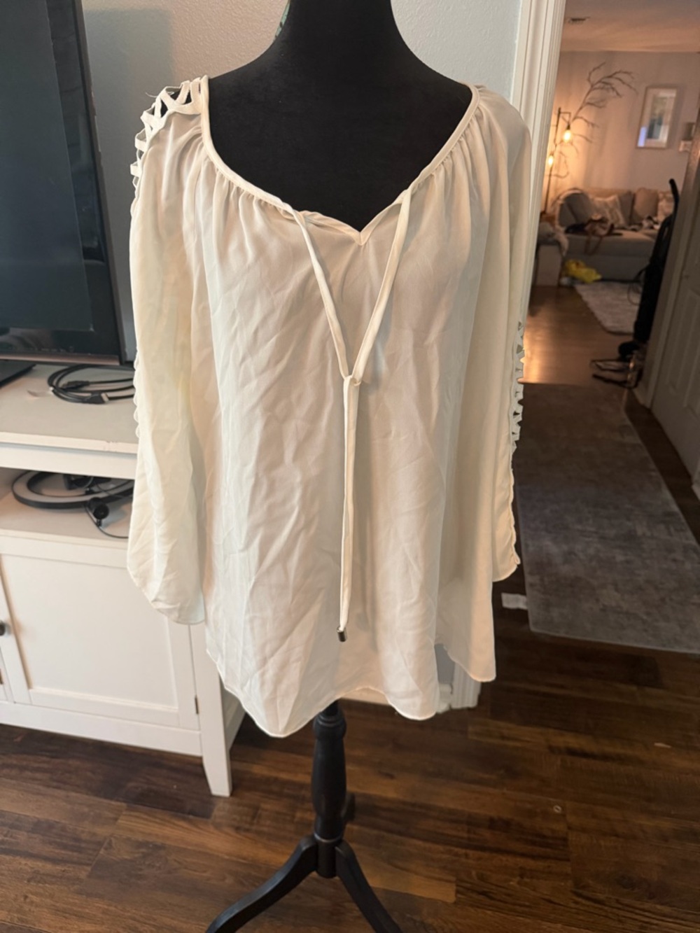 Lightweight Cream Peasant Blouse with Tie Neck